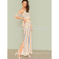 Striped Cold Shoulder Surplice Crop Top With Slit Pants Manufacture Wholesale Fashion Women Apparel (TA4085SS)